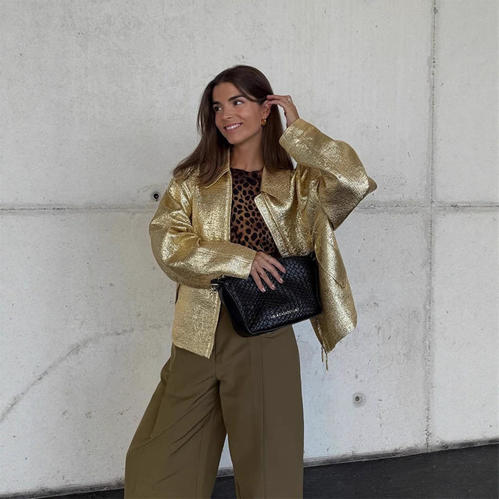 Damen Kurze strukturierte Metallic-Bomberjacke mit Boxy‑Silhouette Drune