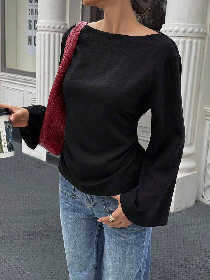 Damen Bootneck-Langarmshirt mit weitem Manschettenärmel und figurbetonter Seitennaht Drune