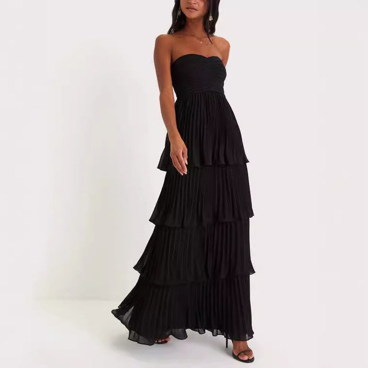 Damen Schickes Maxikleid mit fließendem Rock und Rüschendetails Drune