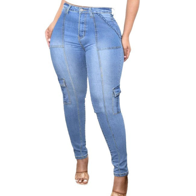 Damen High-Waist Cargo-Skinny-Jeans mit Nahtpaneelen und Taschen Drune