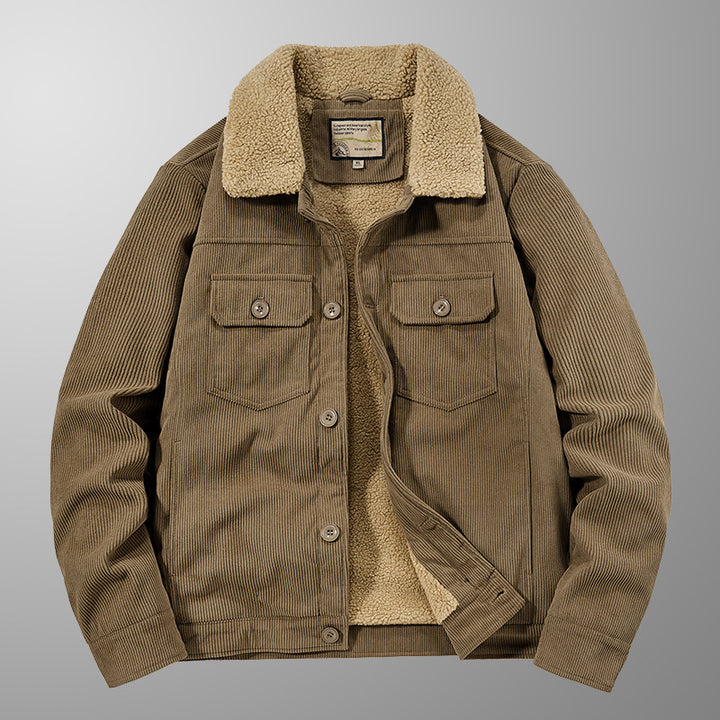 Herren Cord-Workjacke mit Sherpa-Innenfutter, Reverskragen und Druckknopfleiste Drune