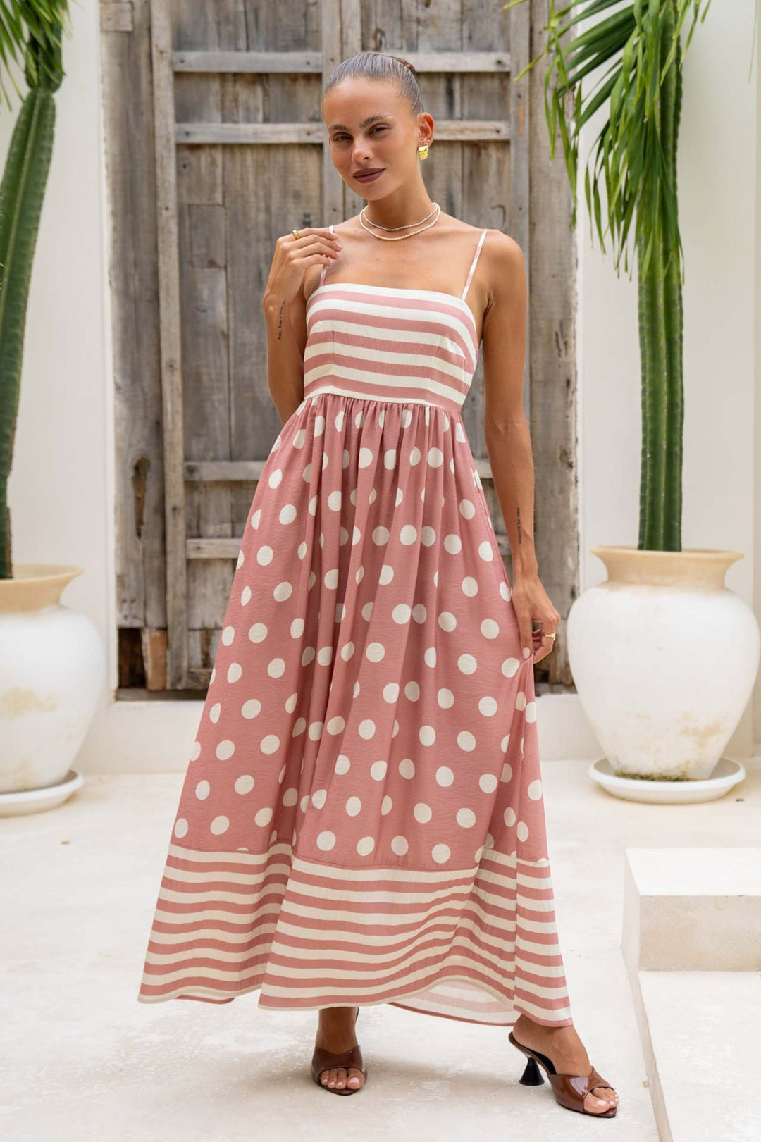Damen Maxikleid mit verspieltem Streifendesign und großen Punkten Drune