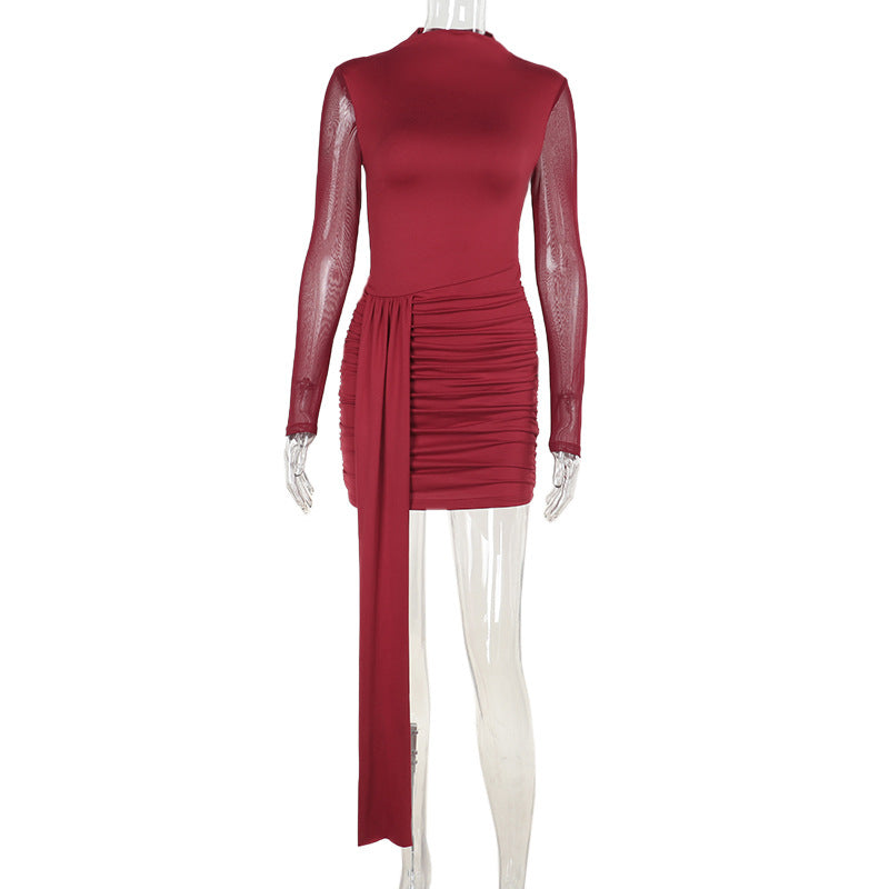 Damen elegantes, figurbetontes Minikleid mit langem Arm und asymmetrischem Saum Drune