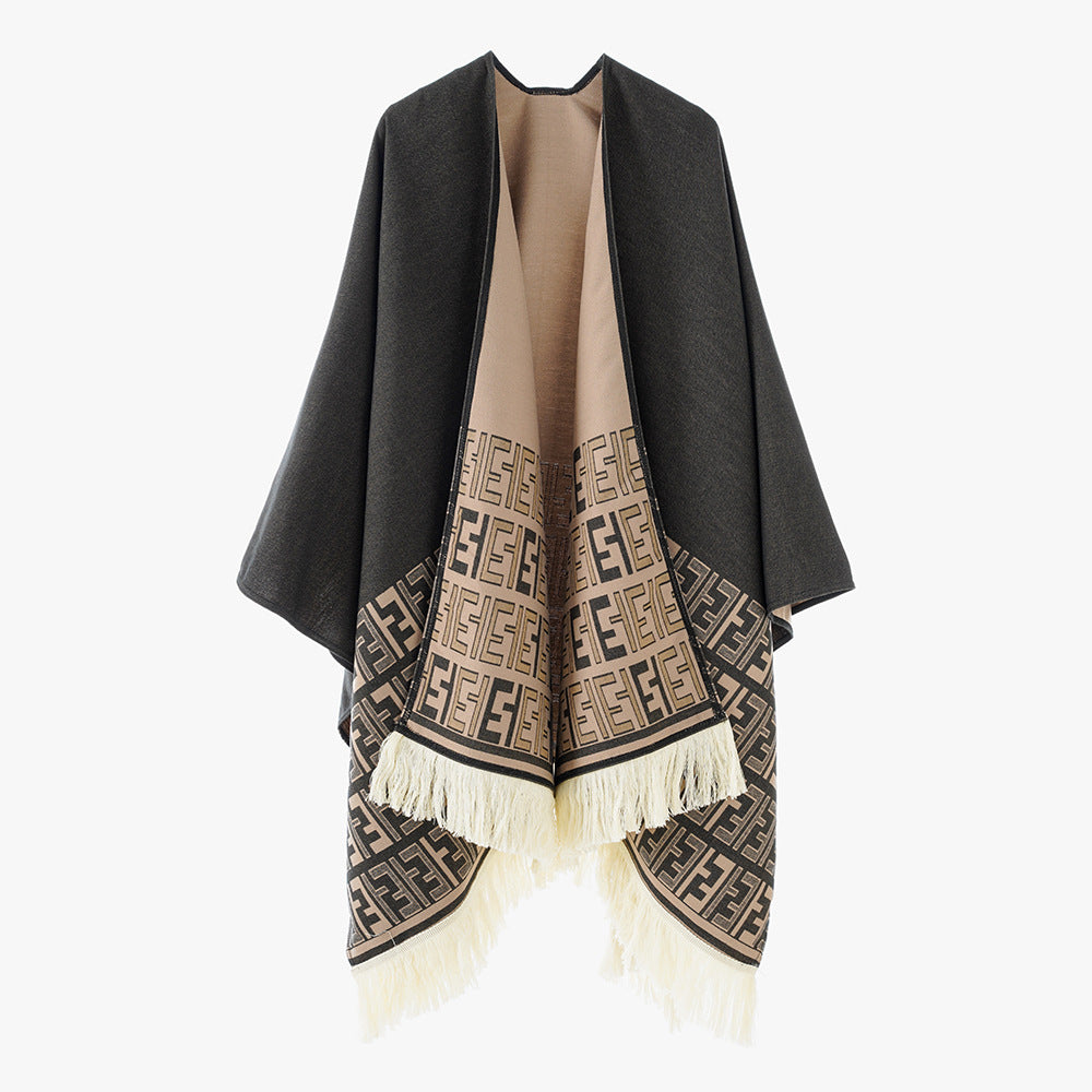 Damen Reversibler Capeponcho mit Monogramm‑Bordüre und Fransensaum Drune