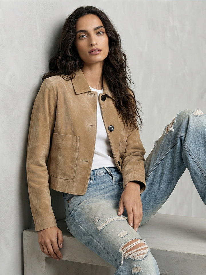 Damen Kurze Velourslederjacke im Clean-Cut mit aufgesetzten Taschen Drune
