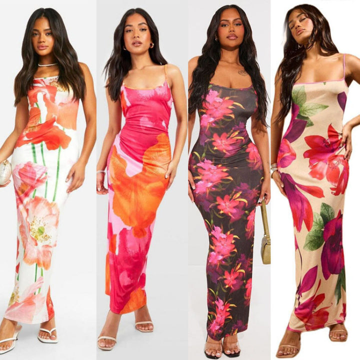 Damen Floral Print Körperbetontes Maxi-Kleid mit Seitenschlitz Drune