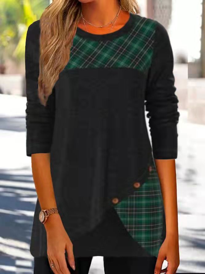Damen Asymmetrische Tunika mit Karopatch und Zierknöpfen Drune