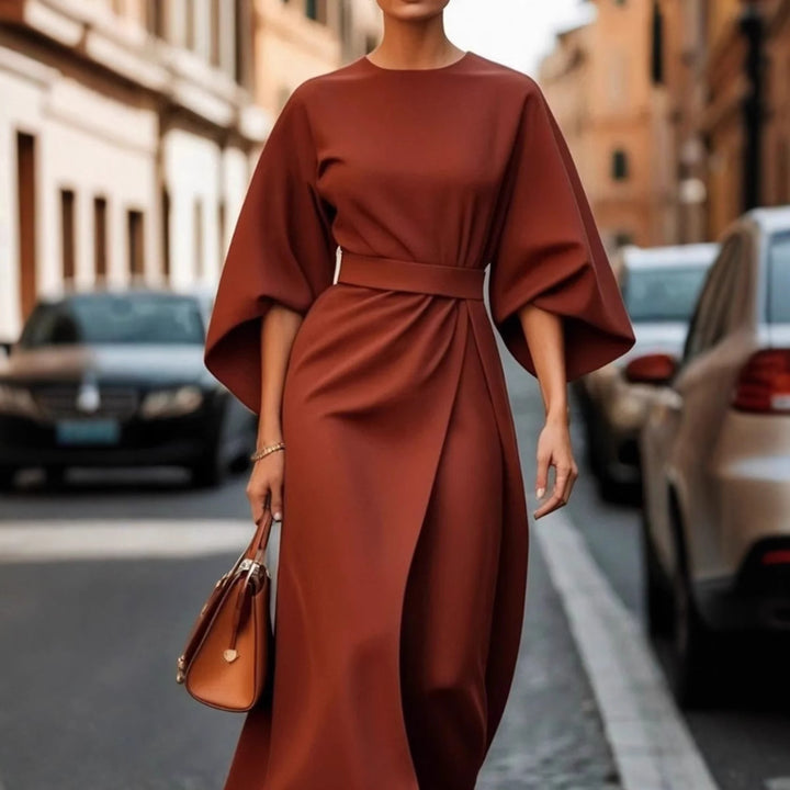 Damen nan elegantes Midikleid mit Kimonoärmeln, drapierter Wickeloptik und Taillengürtel Drune