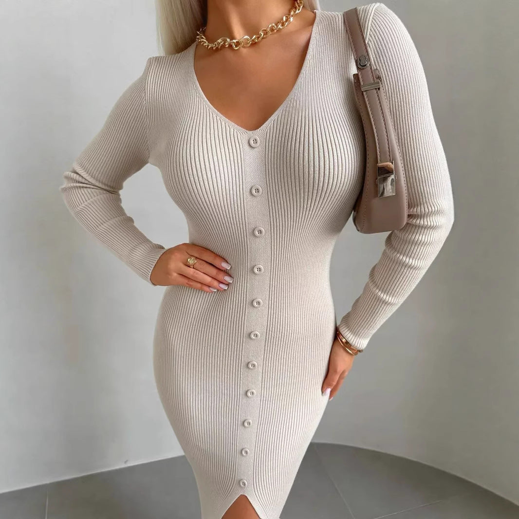Damen Strickkleid mit fein strukturierter Rippoptik und eleganten Knopfdetails Drune