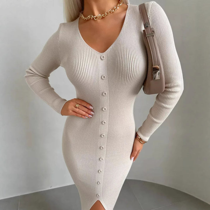 Damen Strickkleid mit V-Ausschnitt und durchgehender Knopfleiste Drune