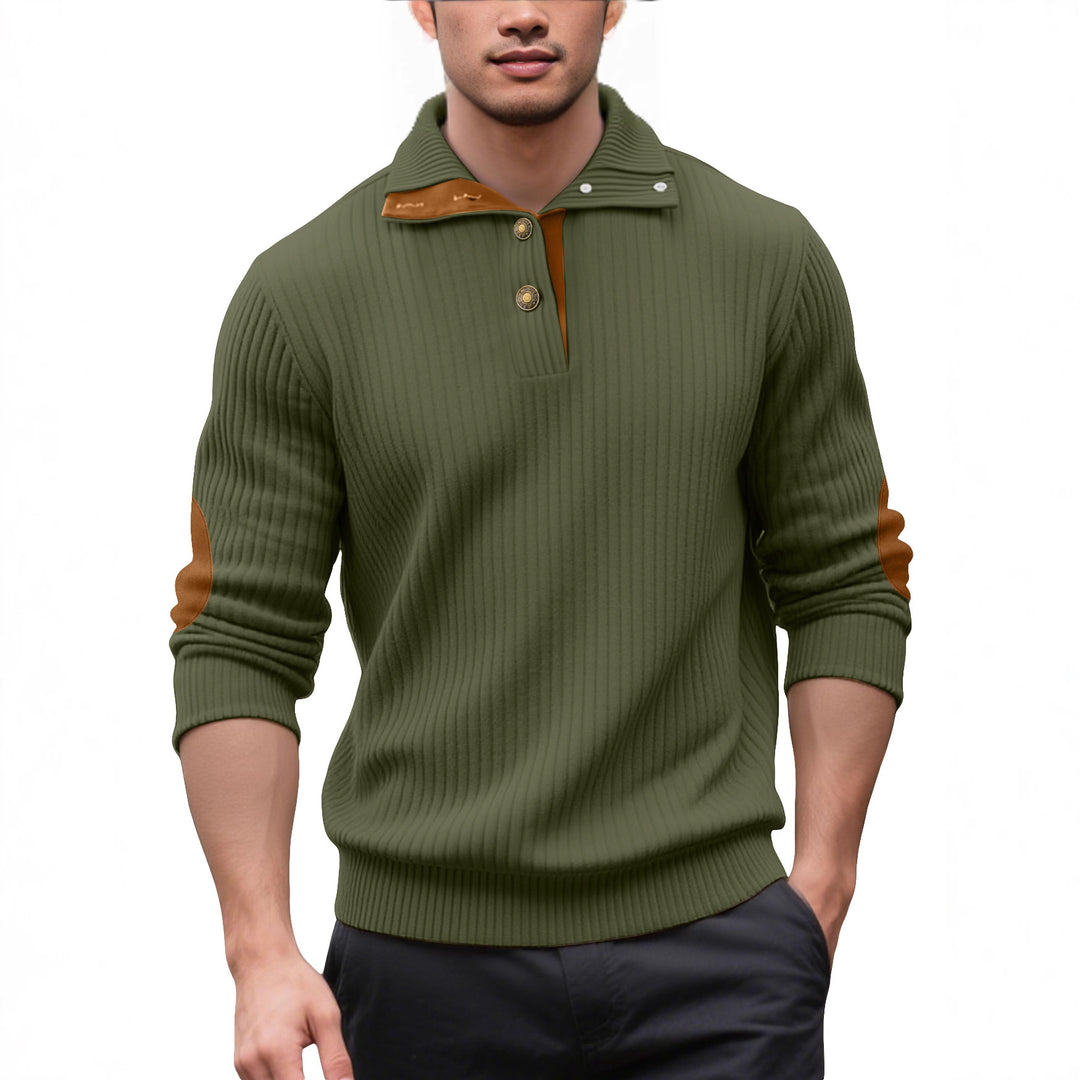 Herren nan Rippstrick-Halbknopf-Pullover mit Kentkragen und Lederbesatz Drune