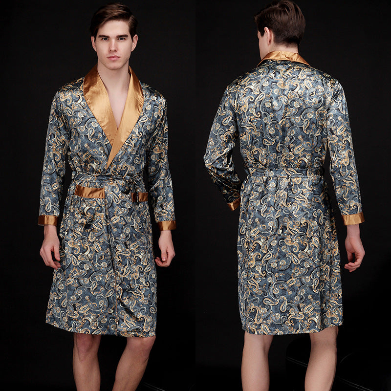 Herren Satin Morgenmantel mit luxuriösem Paisleymuster und Taillengürtel Drune
