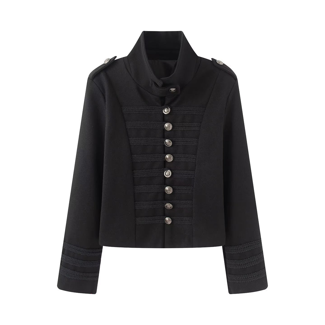 Damen Kurzer Militärisch inspirierter Blouson mit Stehkragen Zierkordeln und Metallknopfleiste Drune