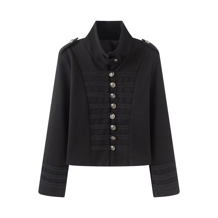 Damen Kurzer Militärisch inspirierter Blouson mit Stehkragen Zierkordeln und Metallknopfleiste Drune