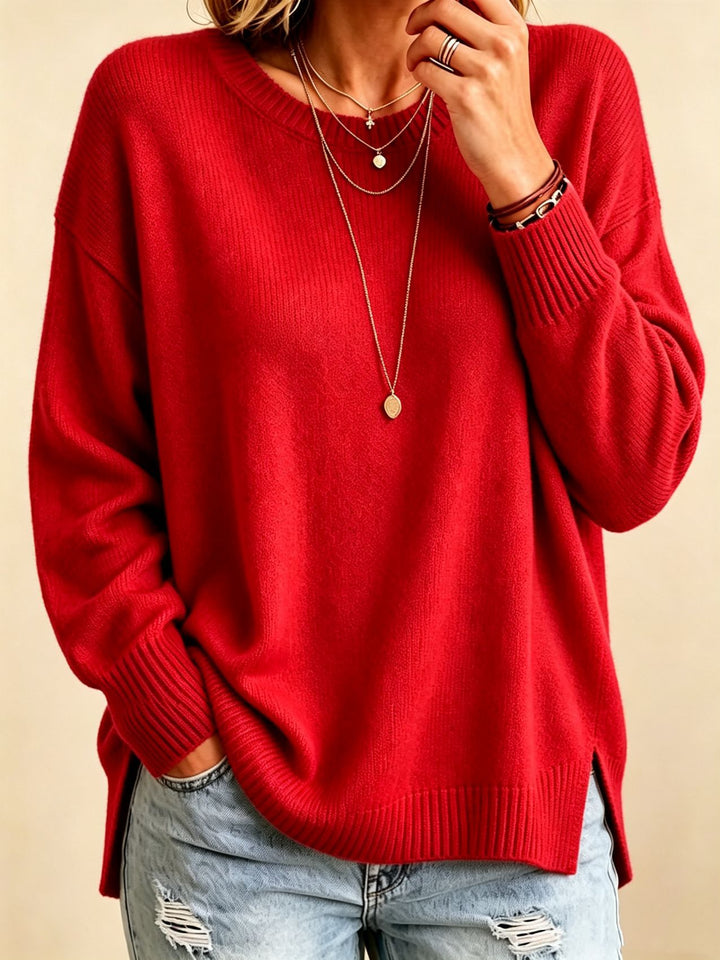 Damen Locker geschnittener Rundhals-Feinstrickpullover mit Seitenschlitzen und gerippten Bündchen Drune