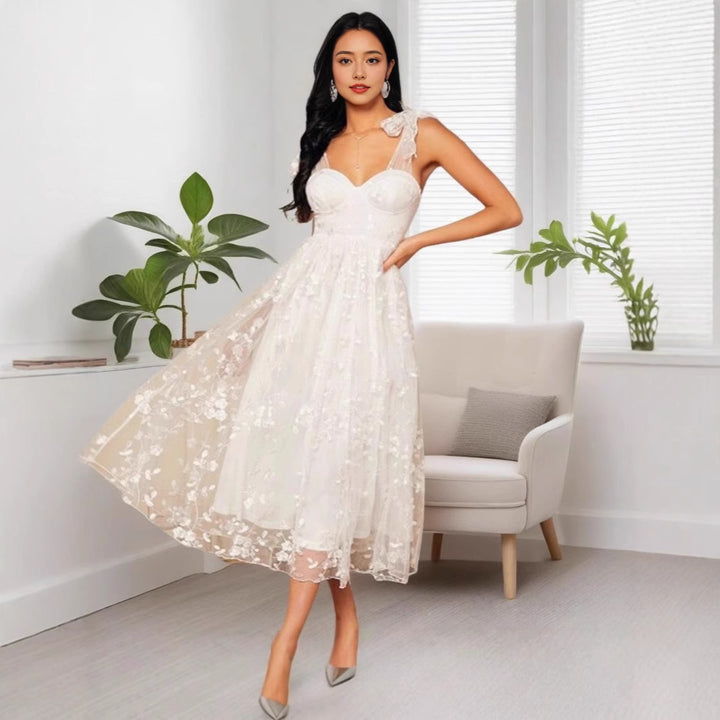 Damen elegantes Midikleid mit floralen Applikationen Drune