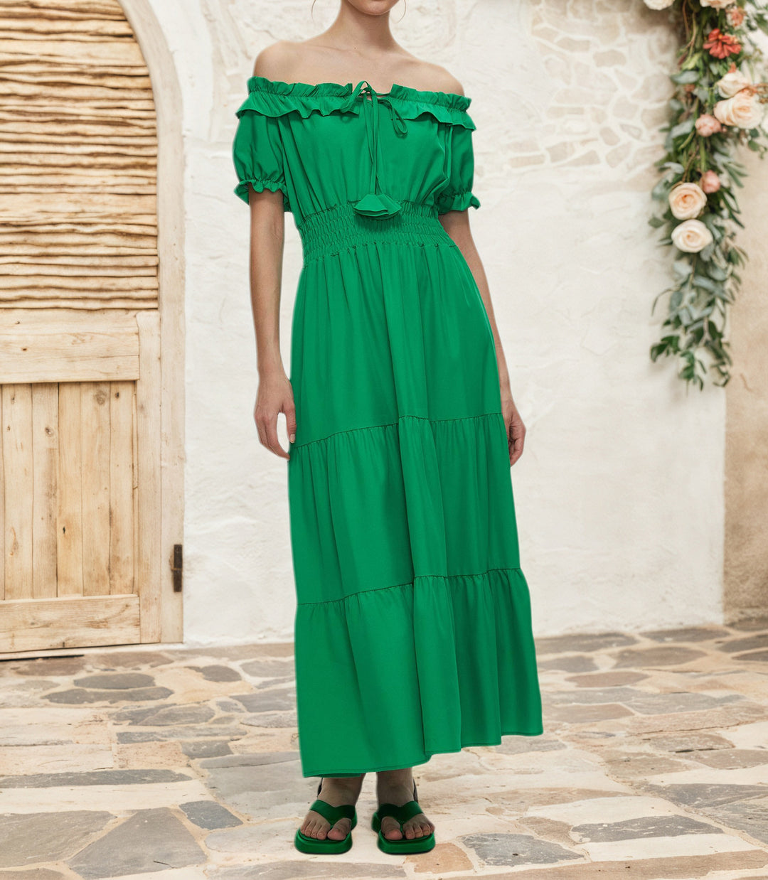 Damen Off-Shoulder Maxikleid mit elastischem Taillenbund und Rüschendetails Drune
