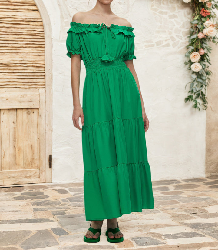 Damen Off-Shoulder Maxikleid mit elastischem Taillenbund und Rüschendetails Drune