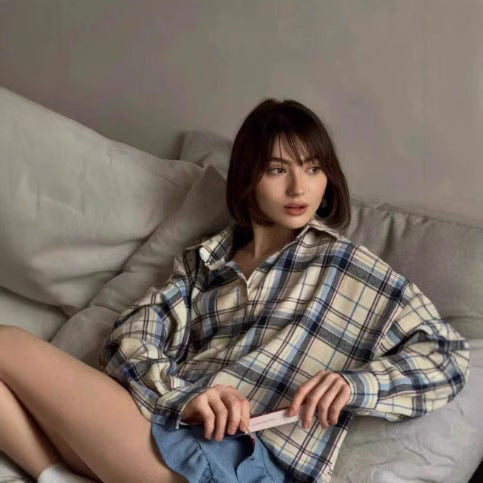 Damen Karo Oversize Flanellhemd Bluse mit Druckknopfblende und Hemdkragen Drune