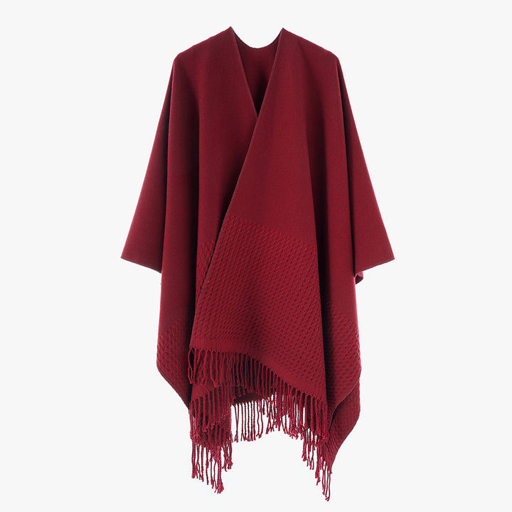 Damen Minimalistischer Wollmix-Capeponcho mit V‑Ausschnitt und Fransen Drune