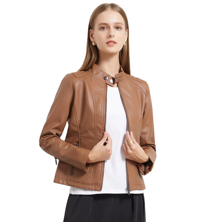 Damen nan taillierte Biker-Kunstlederjacke mit Stehkragen und gesteppter Seitenpartie Drune
