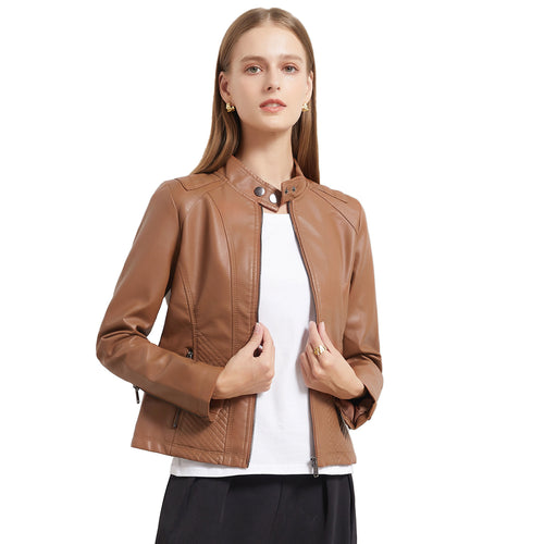 Damen nan taillierte Kunstlederjacke im Bikerstil mit Stehkragen und gesteppter Seitenpartie Drune