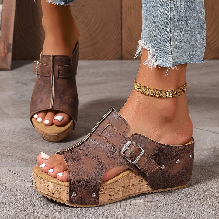 Damen modische Clogs mit verstellbarer Schnalle und korkähnlicher Sohle Drune