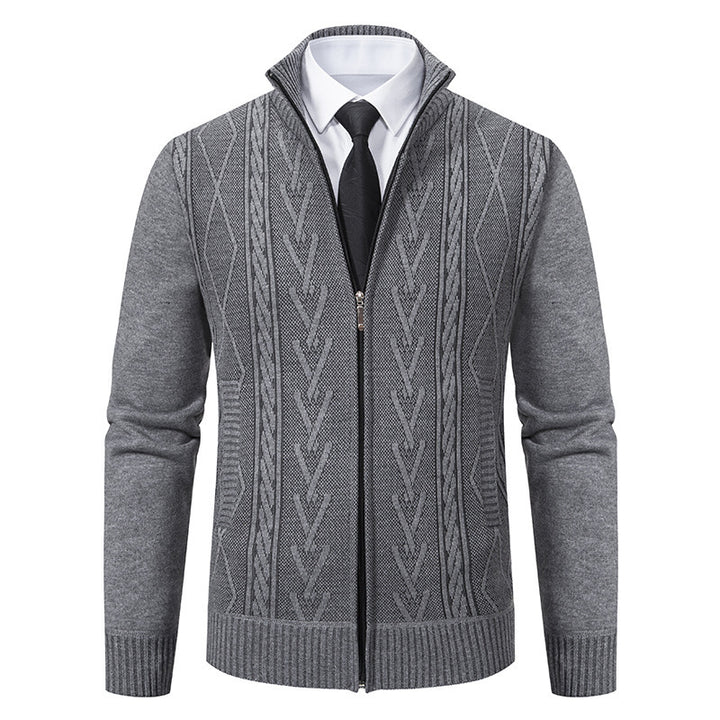 Herren Feinstrick-Zipjacke mit geometrischem Jacquardmuster, Stehkragen und Eingrifftaschen Drune