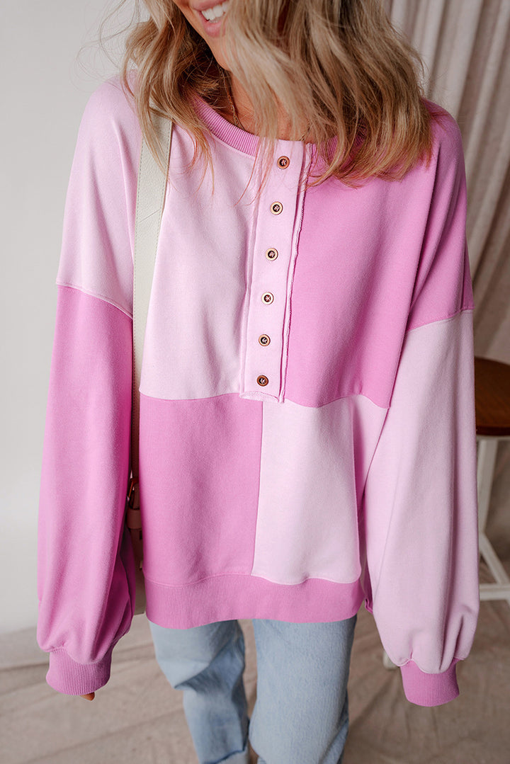 Damen Oversize-Colorblock Sweatshirt mit Henley-Knopfleiste, Ballonärmeln und geripptem Saum Drune
