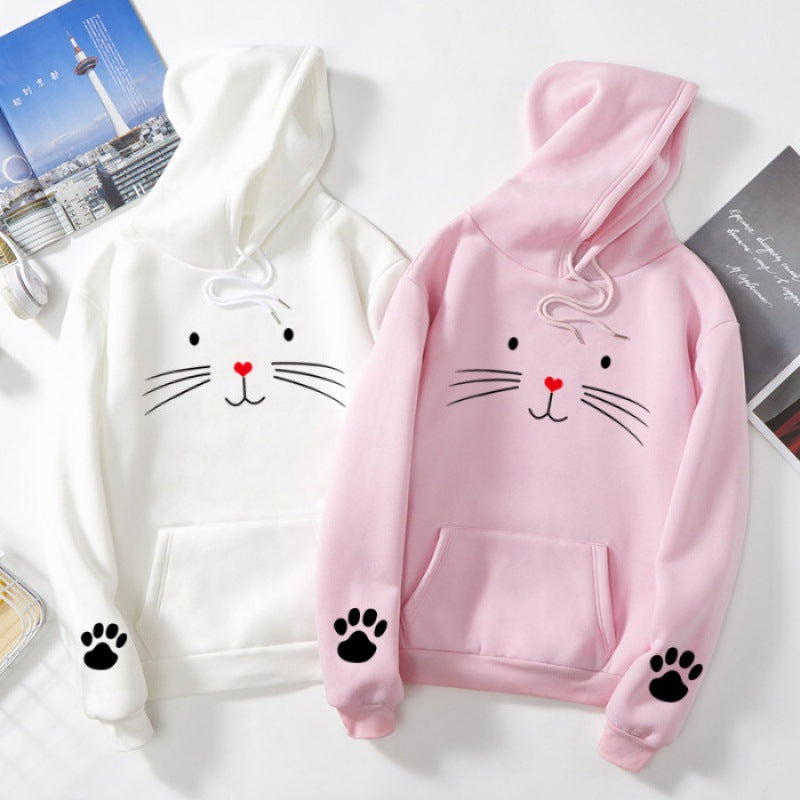 Damen nan Kapuzenpullover mit gedrucktem Katzenmotiv, Kängurutasche und Pfotenapplikationen Drune