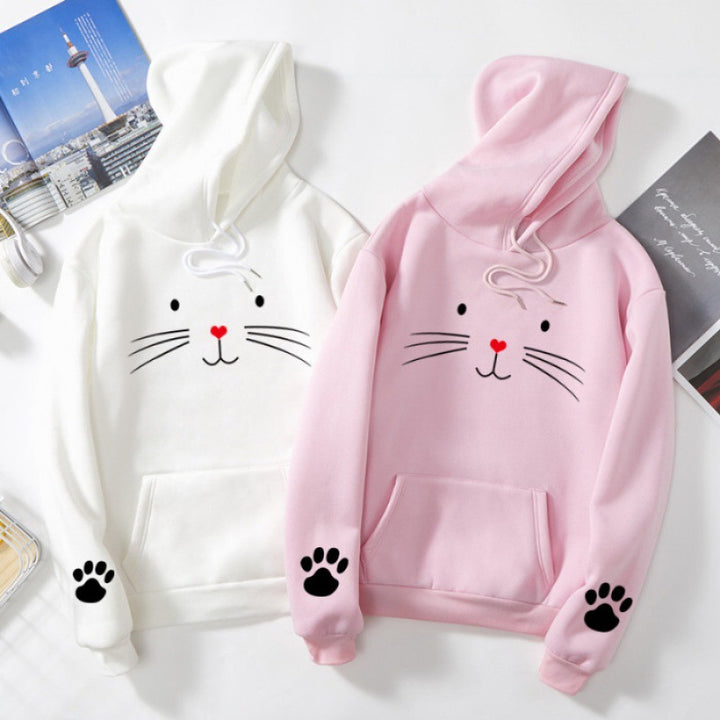 Damen nan Kapuzenpullover mit gedrucktem Katzenmotiv, Kängurutasche und Pfotenapplikationen Drune