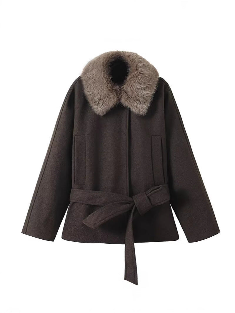 Damen Übergangsjacke mit luxuriösem Kunstfellkragen und Taillengürtel Drune