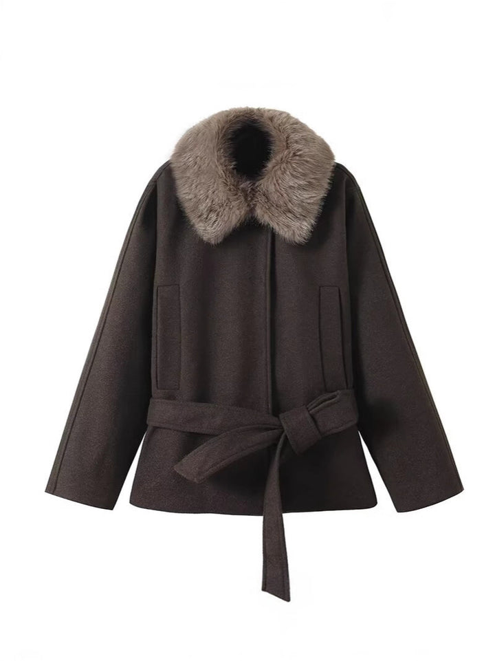 Damen Übergangsjacke mit luxuriösem Kunstfellkragen und Taillengürtel Drune