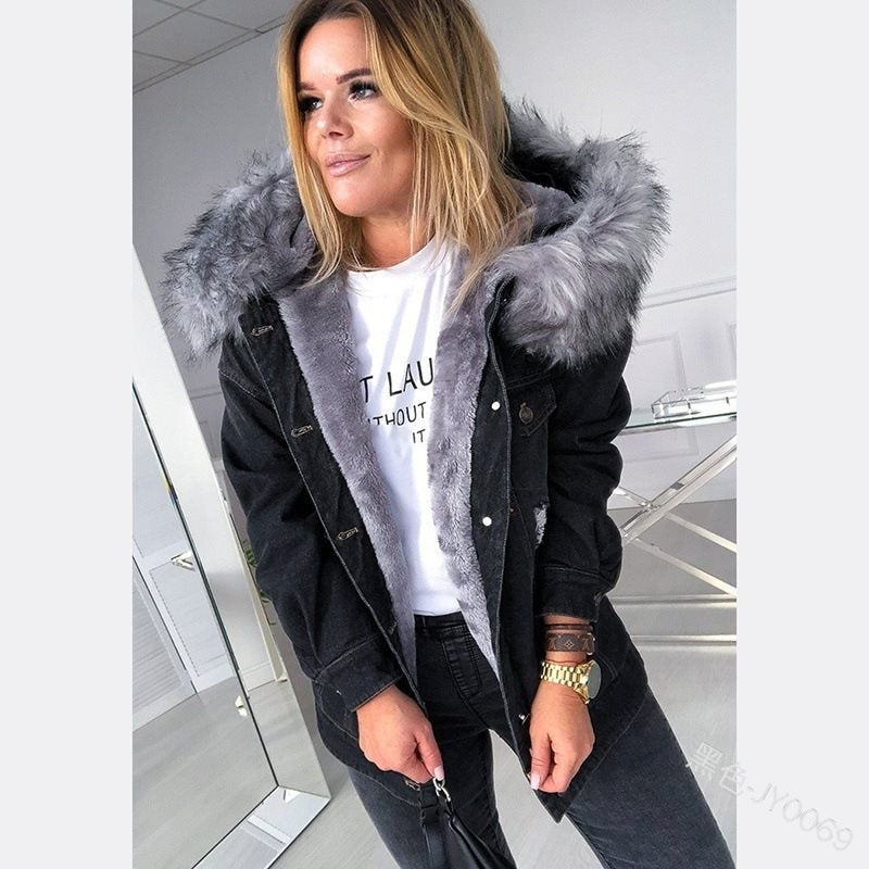 Damen Oversize Denim-Parka mit abnehmbarem Kunstpelzkragen und Used-Effekt Drune