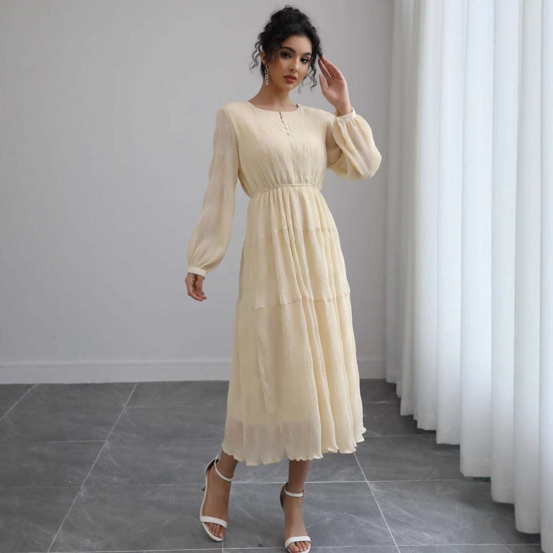 Damen Midikleid aus Crêpe mit Stufenrock, geraffter Taille und Ballonärmeln Drune
