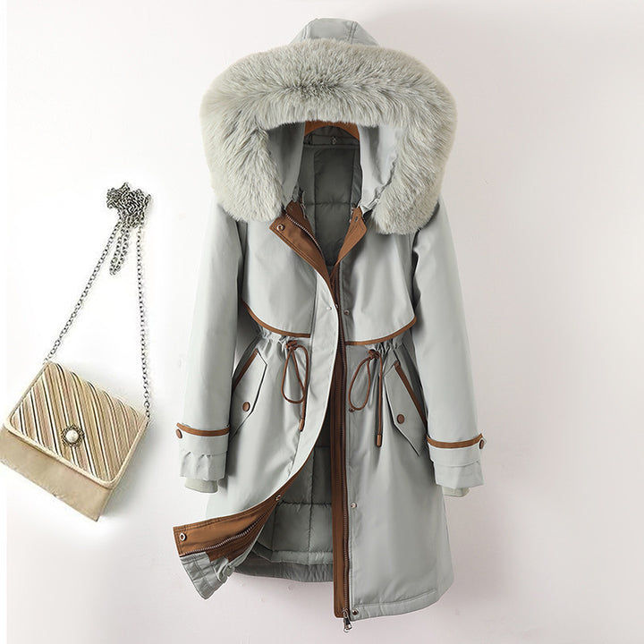 Damen nan langer Parka mit Kunstfellkapuze Taillenzug und kontrastierten Paspeln Drune