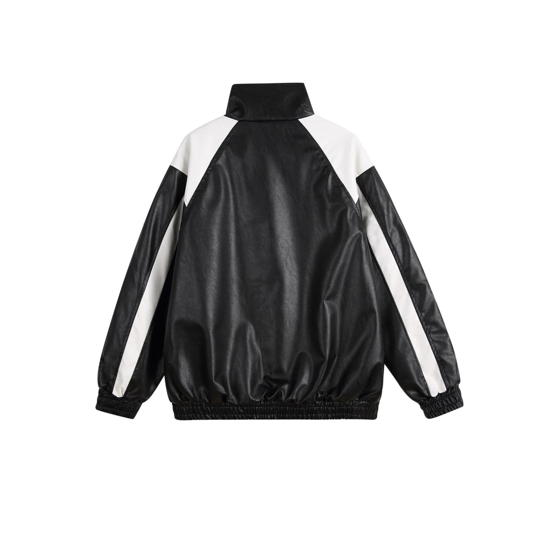 Damen Kunstleder-Trackjacke im Oversize-Cut mit hohem Stehkragen und Logopanel Drune