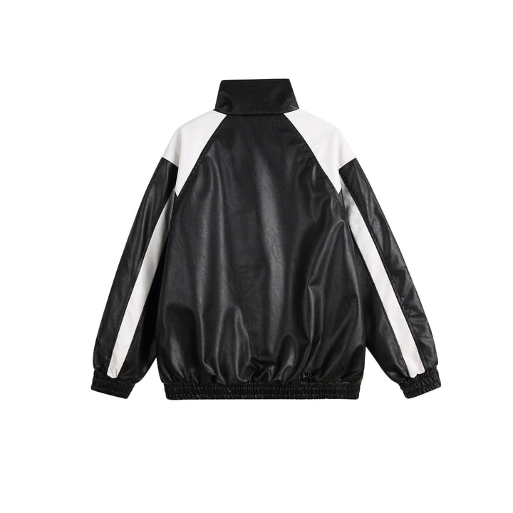 Damen Kunstleder-Trackjacke im Oversize-Cut mit hohem Stehkragen und Logopanel Drune