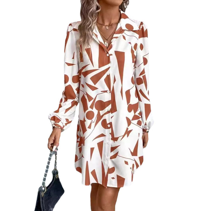 Damen Hemdblusen-Kleid mit modernem geometrischem Druck und praktischen Knopfdetails Drune