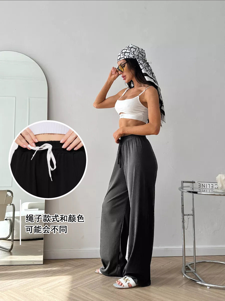 Damen weite hochgeschnittene Loungehose mit elastischem Bund und Kordelzug Drune