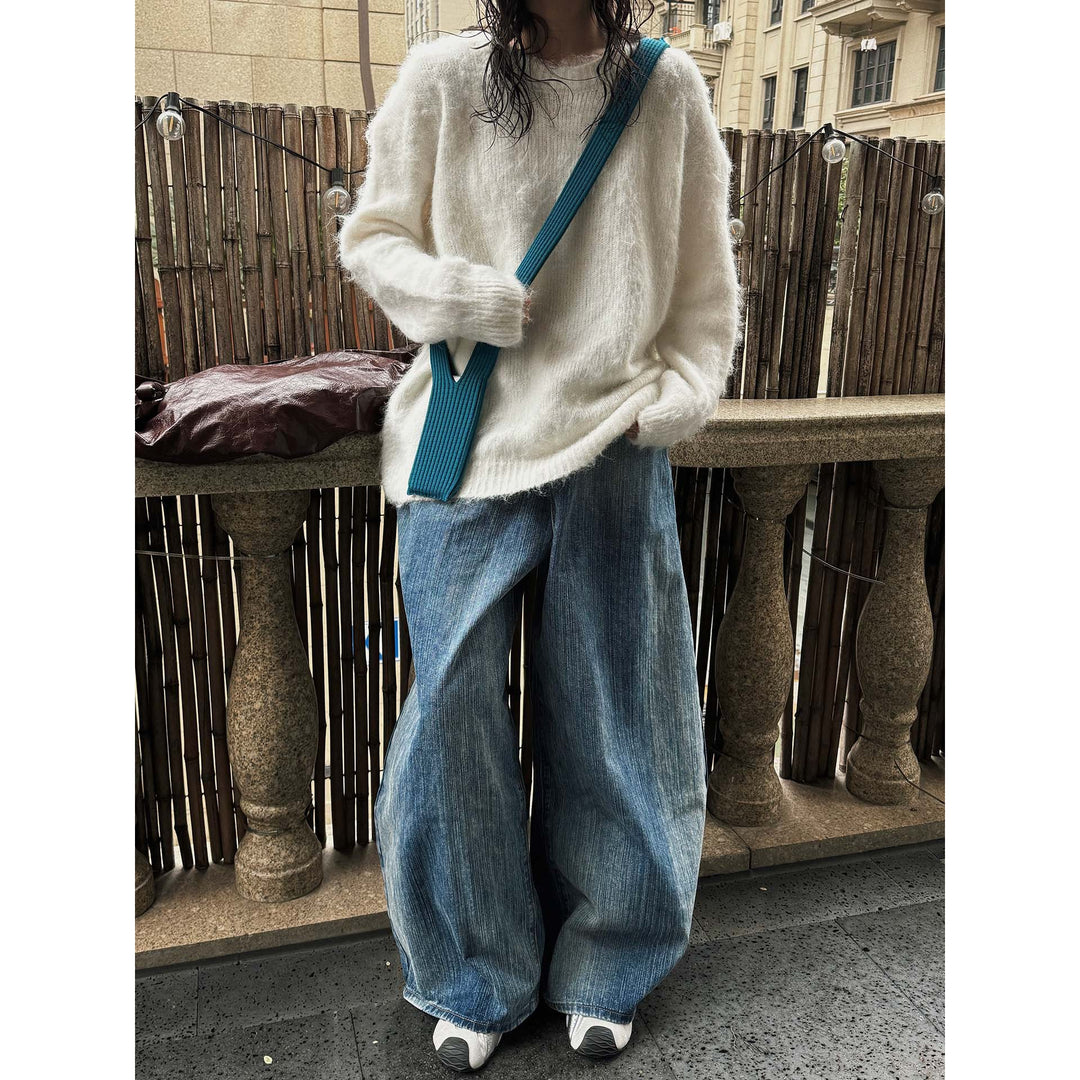 Damen Weicher Oversize Mohair‑Optik Pullover mit geripptem Saum und Rundhalsausschnitt Drune