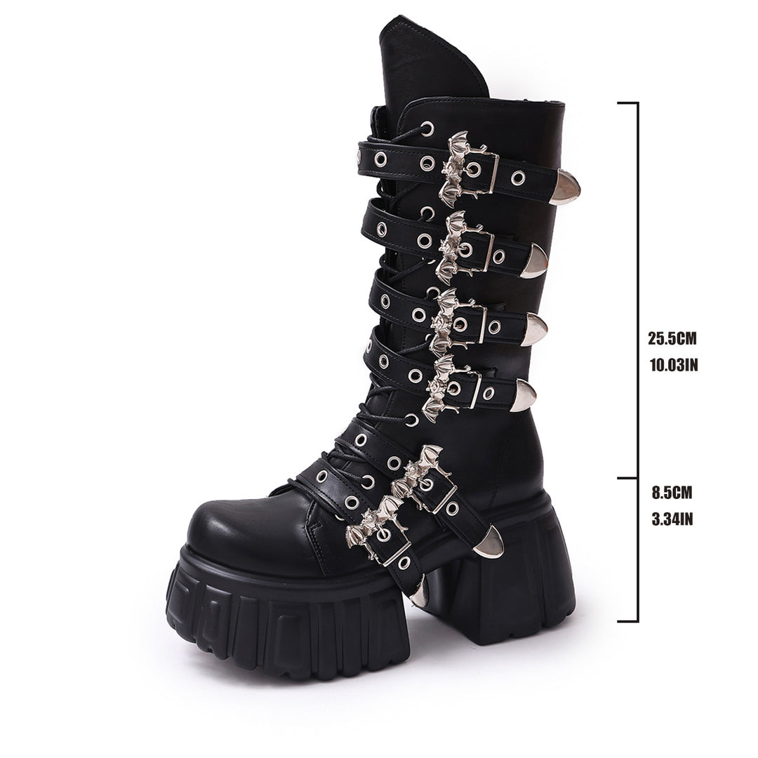 Damen Plateau-Bikerboots mit dekorativen Riemen, Ösen und Ketten Drune