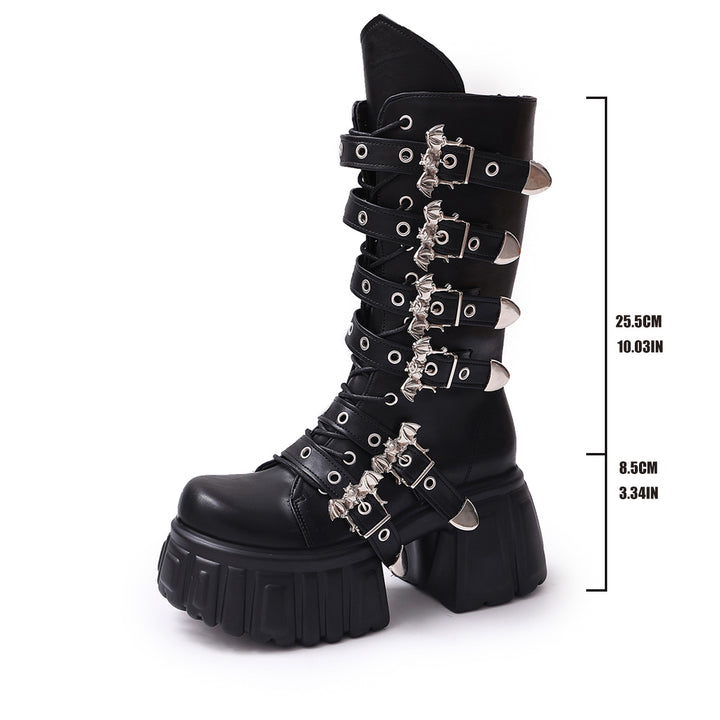 Damen Plateau-Bikerboots mit dekorativen Riemen, Ösen und Ketten Drune