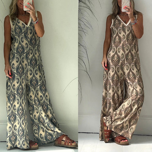 Damen Jumpsuit mit weitem Bein und elegantem Blattmuster Drune