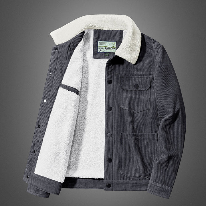 Herren Cord-Truckerjacke mit wärmender Sherpa-Isolierung und aufgesetzten Pattentaschen Drune