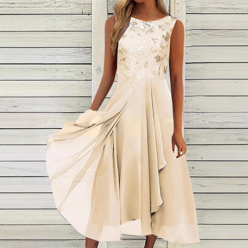 Damen nan ärmelloses Chiffon-Midikleid mit bestickter Brustpartie und asymmetrischem Lagenrock Drune