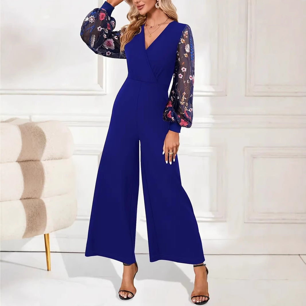 Damen elegante Jumpsuit mit floralen Spitzenärmeln und weitem Bein Drune