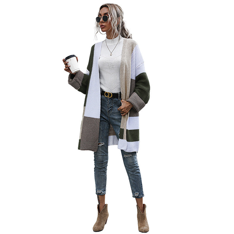 Damen Oversize Strickcardigan mit Colorblock‑Patchwork und offener Front Drune
