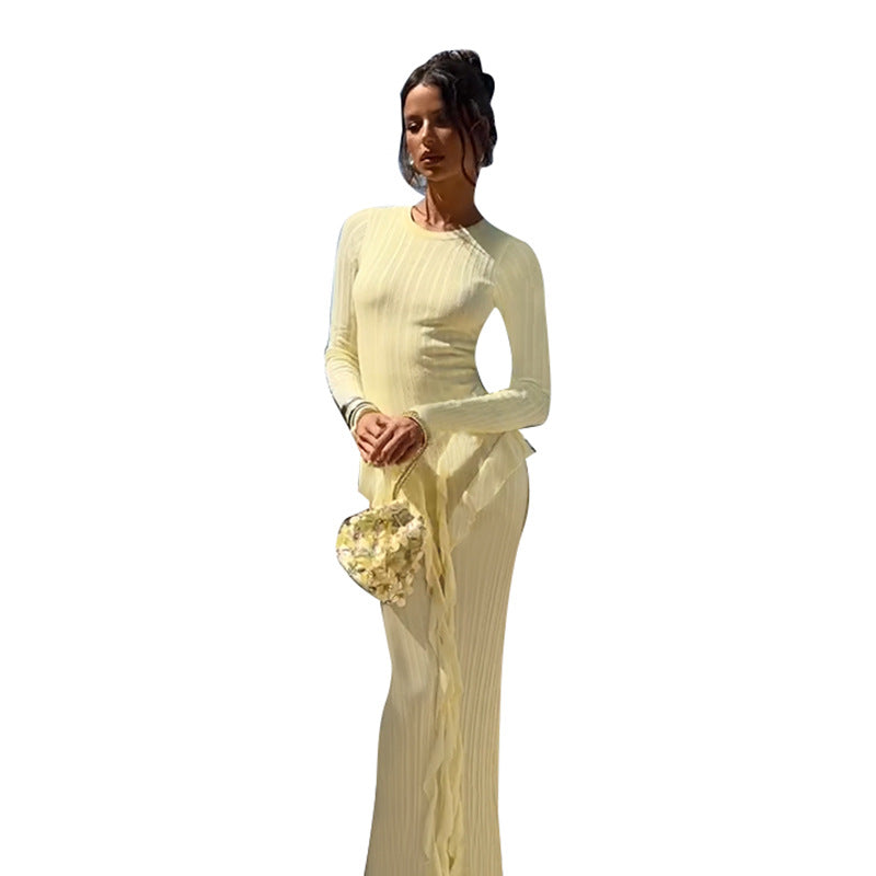 Damen Elegantes Maxikleid mit voluminösen Rüschen und langen Ärmeln Drune