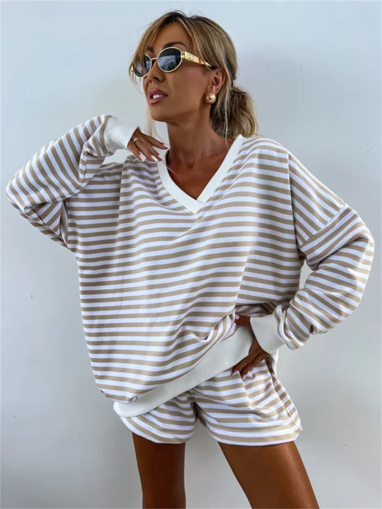 Damen lässiges Streifen-Loungewear-Set mit weit geschnittenem Oberteil und Shorts Drune